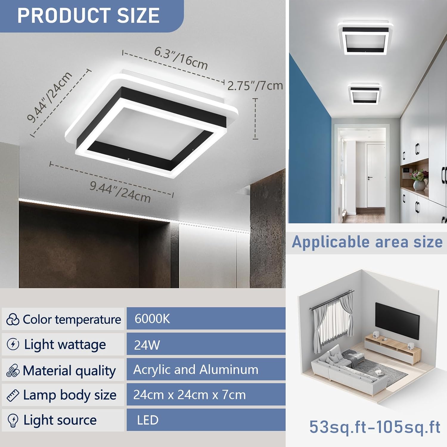 Modern 2-Square Frame LED Flush Mount Ceiling Light